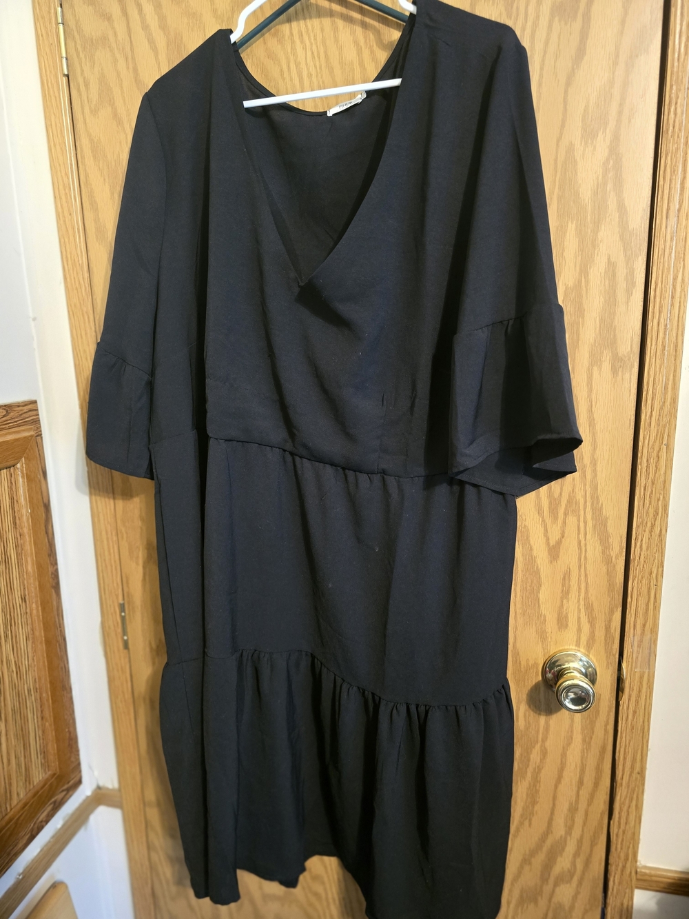 V-Neck Black Tiered Midi Dress with Flutter Sleeves